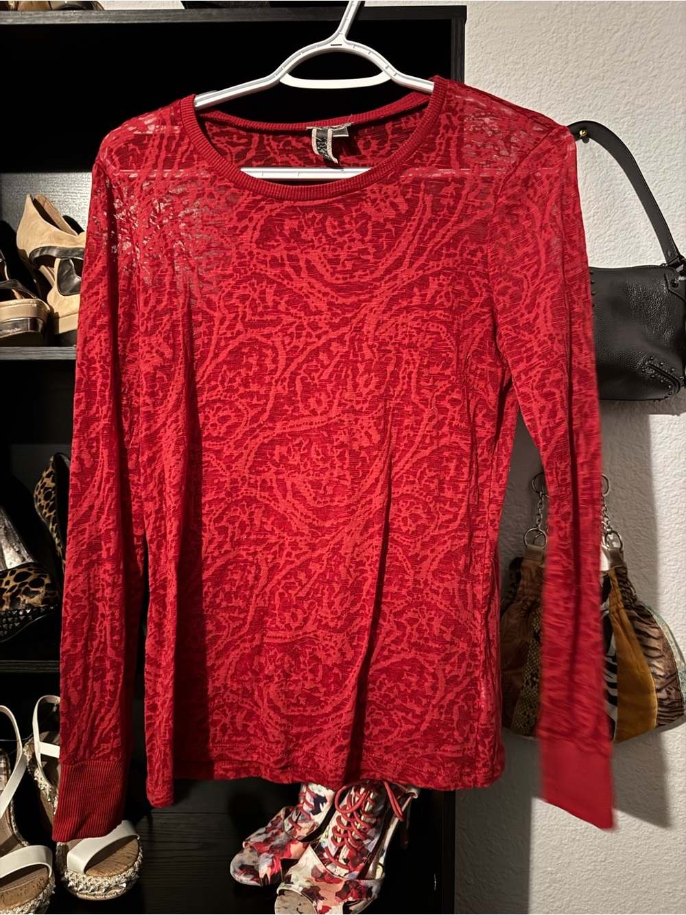 BKE Red Lace-Pattern Long Sleeve Tee